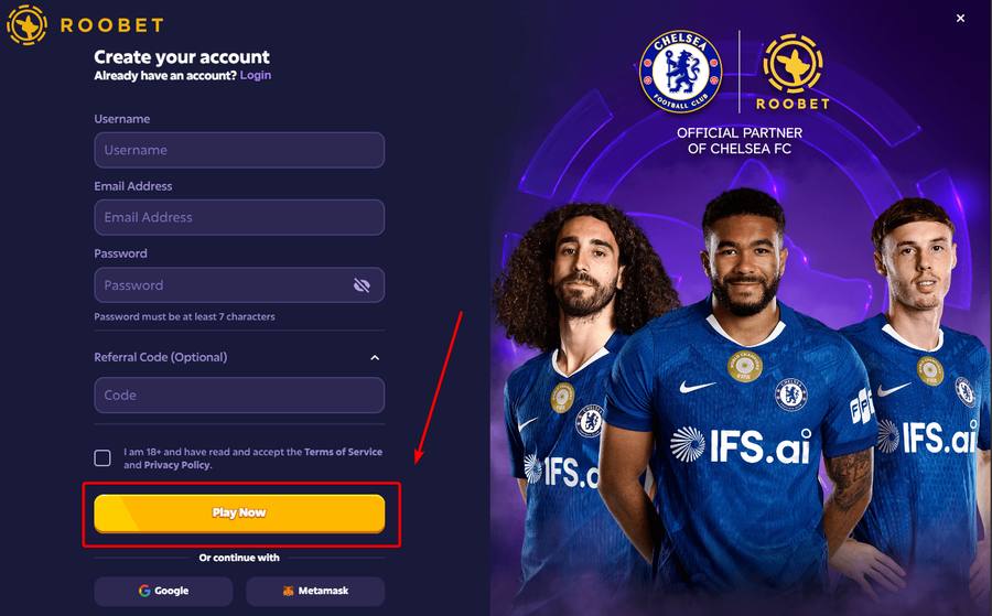 Roobet registration form with Play Now button highlighted