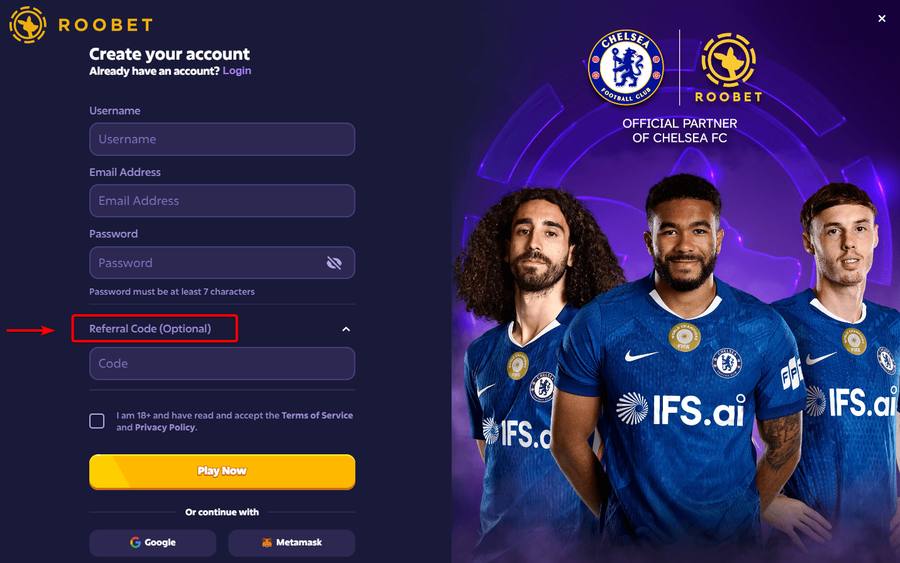 Roobet registration form with Referral Code field expanded
