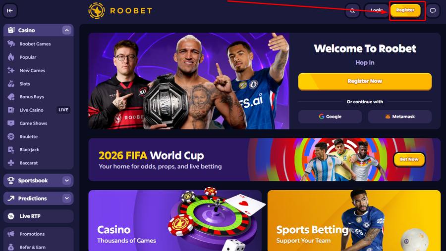 Roobet homepage with Register button highlighted in the top right